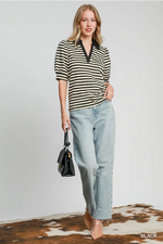 Black and Cream Stripe Polo Top with Puff Shoulder