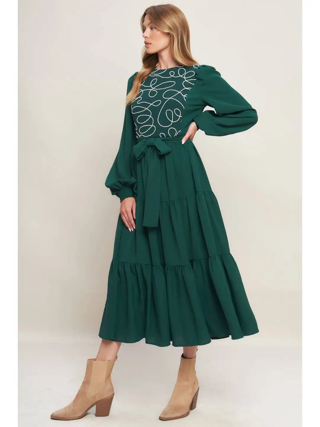 HUNTER GREEN TIERED MAXI WITH TIE WASIT
