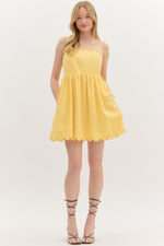 Lemon Scallop Mini Dress with Bow Back Tie Detail