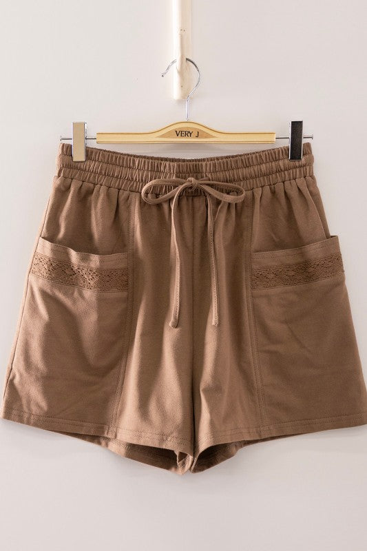 Mocha Lace Trim Mock Neck Pullover and Shorts Lounge SET