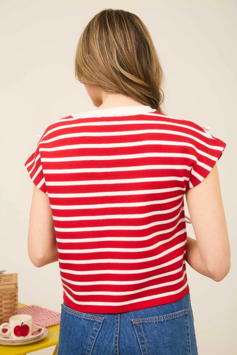 Stripe Bow Detail Short Sleeve Knit Top