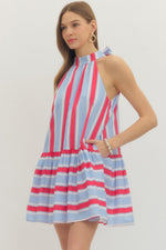 Laurel Striped Tie Neck Halter Mini Dress with Side Pockets- Red/Blue