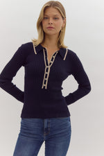 Navy Ribbed Top with Tan Contrast Collar and Half Button Detail