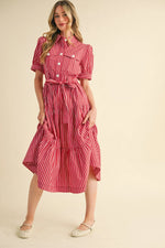 Venice Red Striped Button Down Midi Dress with Tie Waist