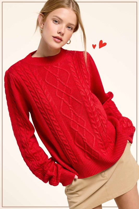 Soft Crew Neck Cable Knit Sweater -Red