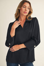 Pearl Cuff Button Accent Satin Top