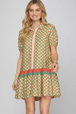 SHORT SLEEVE BUTTON DOWN PRINTED DRESS Sage and Coral