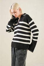 Black Striped V Neck Sweater with White Stitching Detail at Collar