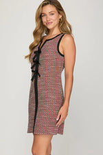 RED SLEEVELESS TWEED DRESS WITH BLACK BOW DETAIL