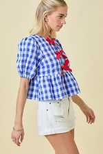 Gingham Peplum Top with Red Bow Constrast