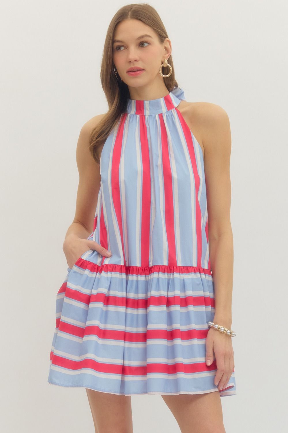 Laurel Striped Tie Neck Halter Mini Dress with Side Pockets- Red/Blue