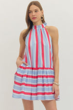 Laurel Striped Tie Neck Halter Mini Dress with Side Pockets- Red/Blue