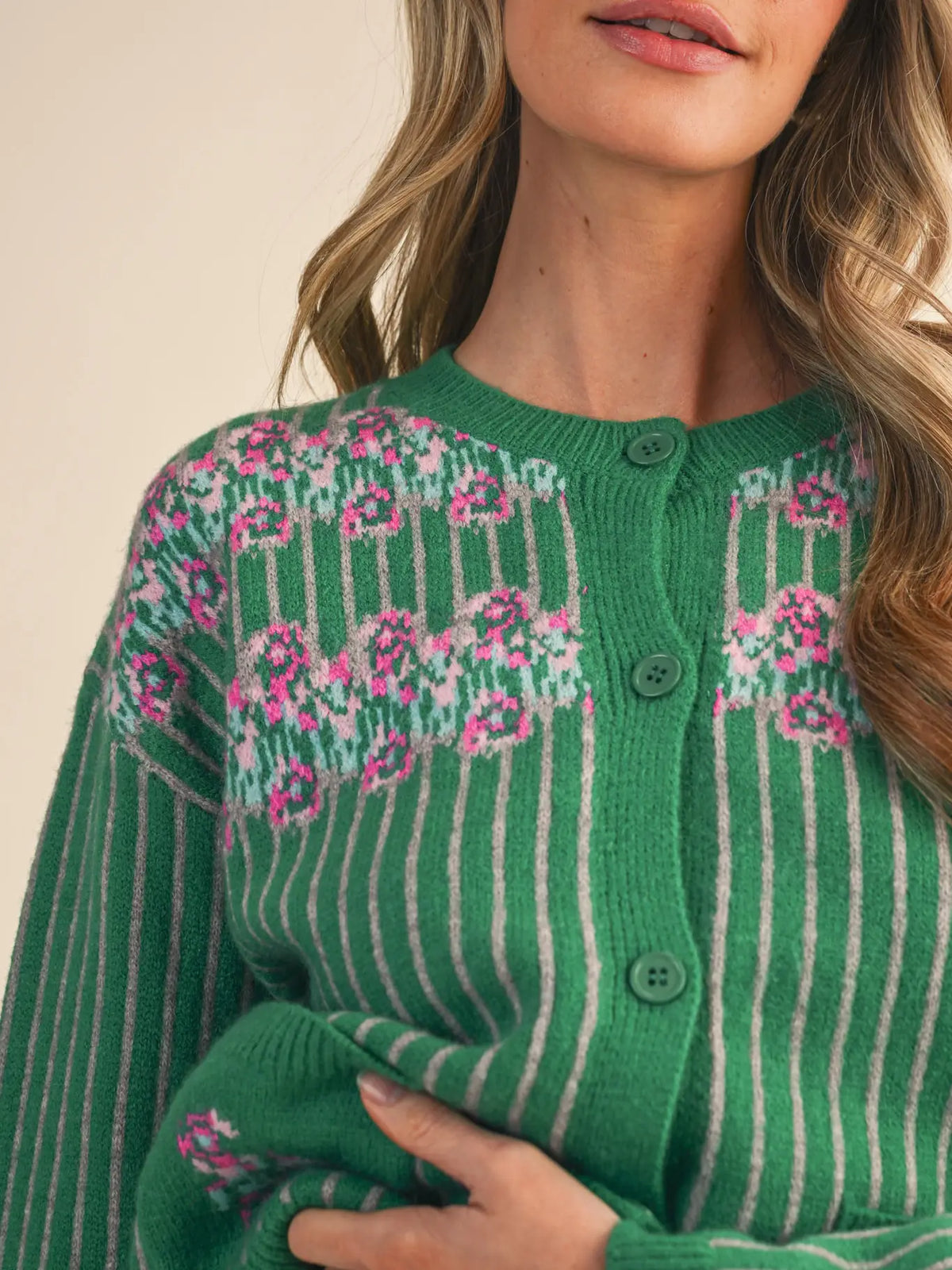Striped Floral Sweater Cardigan - Grey/ Green/Pink