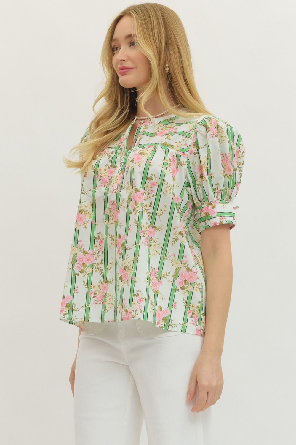 Botanical Stripe Puff Sleeve Button Down Top with Self Tie Cuff Detail