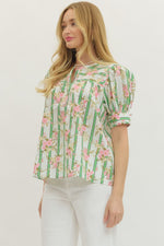 Botanical Stripe Puff Sleeve Button Down Top with Self Tie Cuff Detail