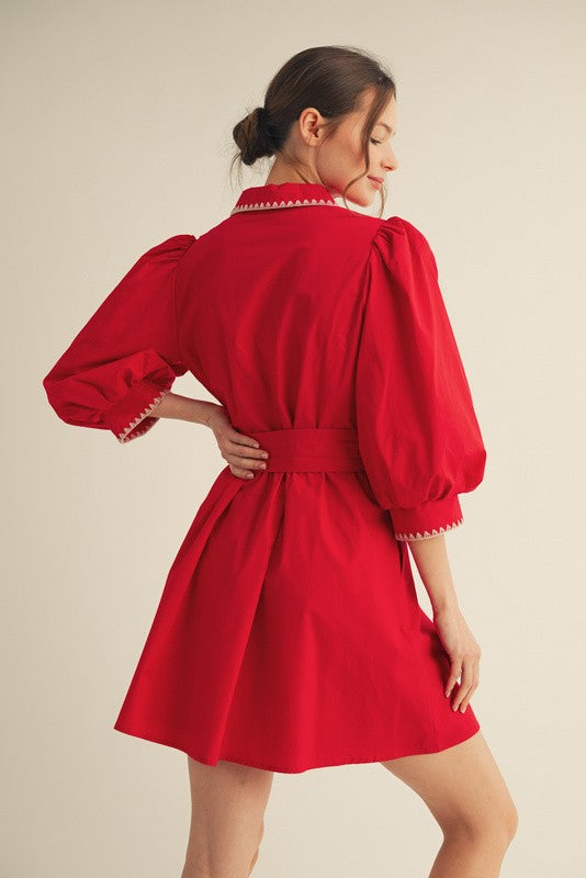 Calla Red Button Down Dress featuring Navy Floral Embroidery and Self Tie Waist