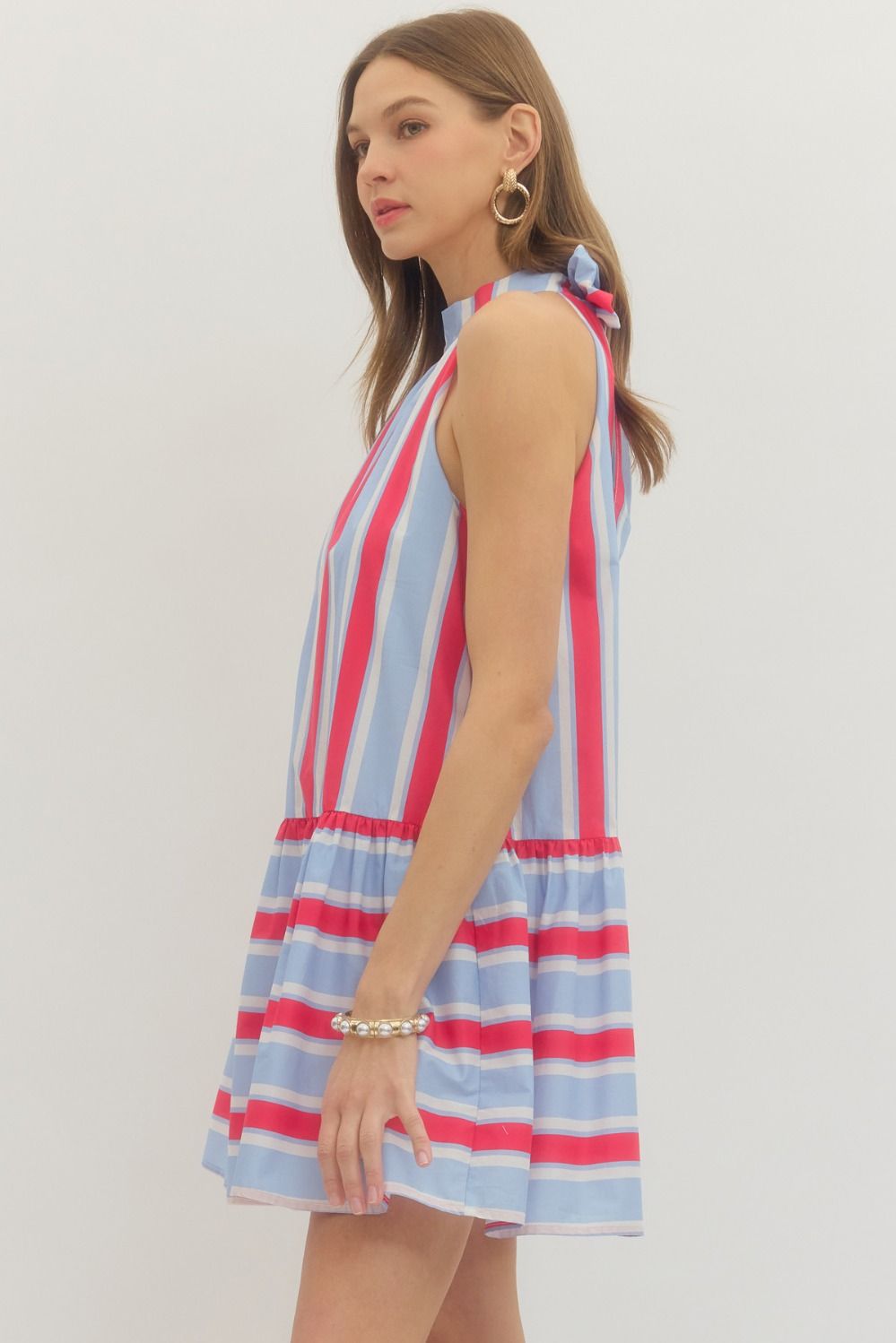 Laurel Striped Tie Neck Halter Mini Dress with Side Pockets- Red/Blue