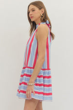 Laurel Striped Tie Neck Halter Mini Dress with Side Pockets- Red/Blue