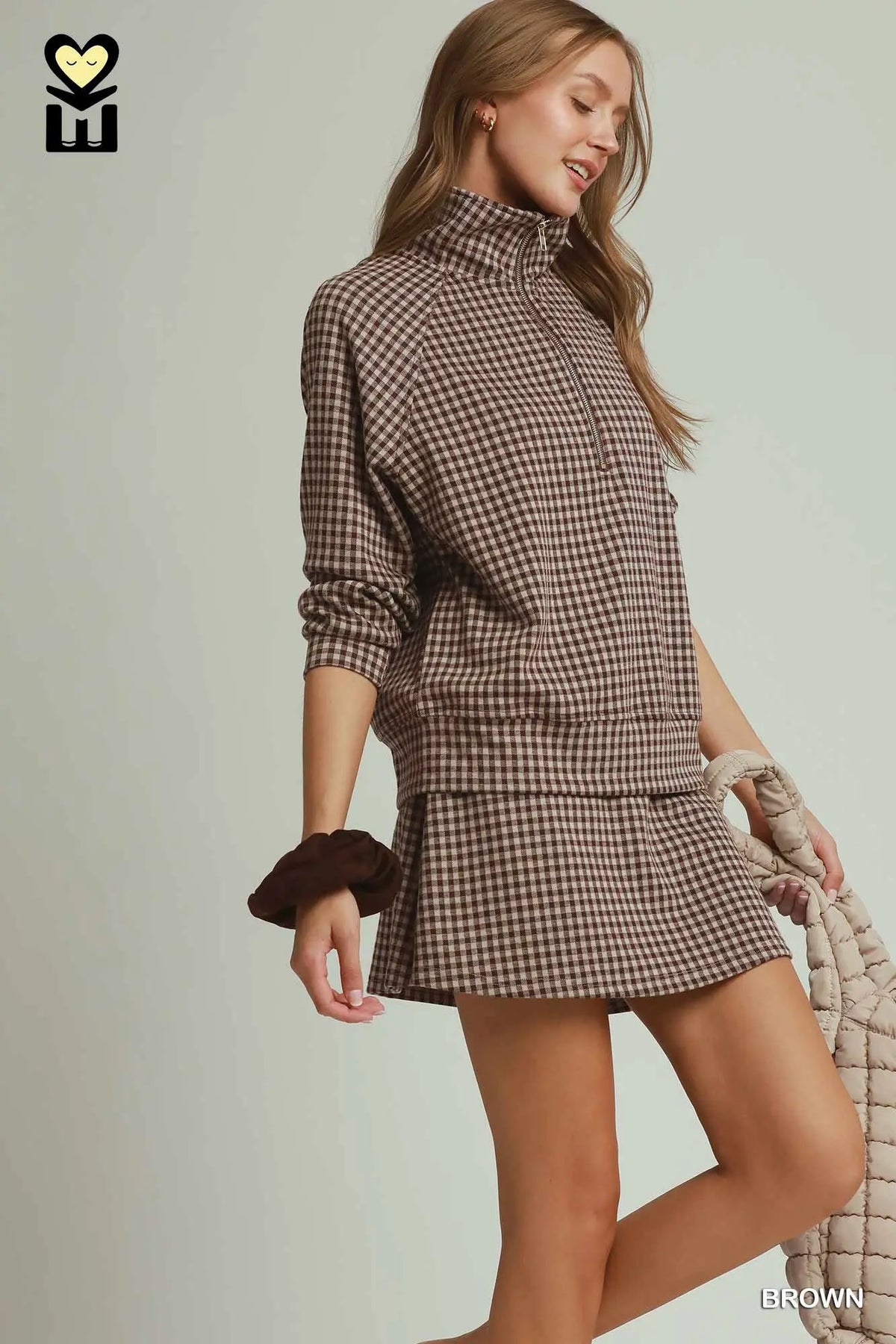 Gingham Plaid Half Zip Pullover and Skort SET - Brown