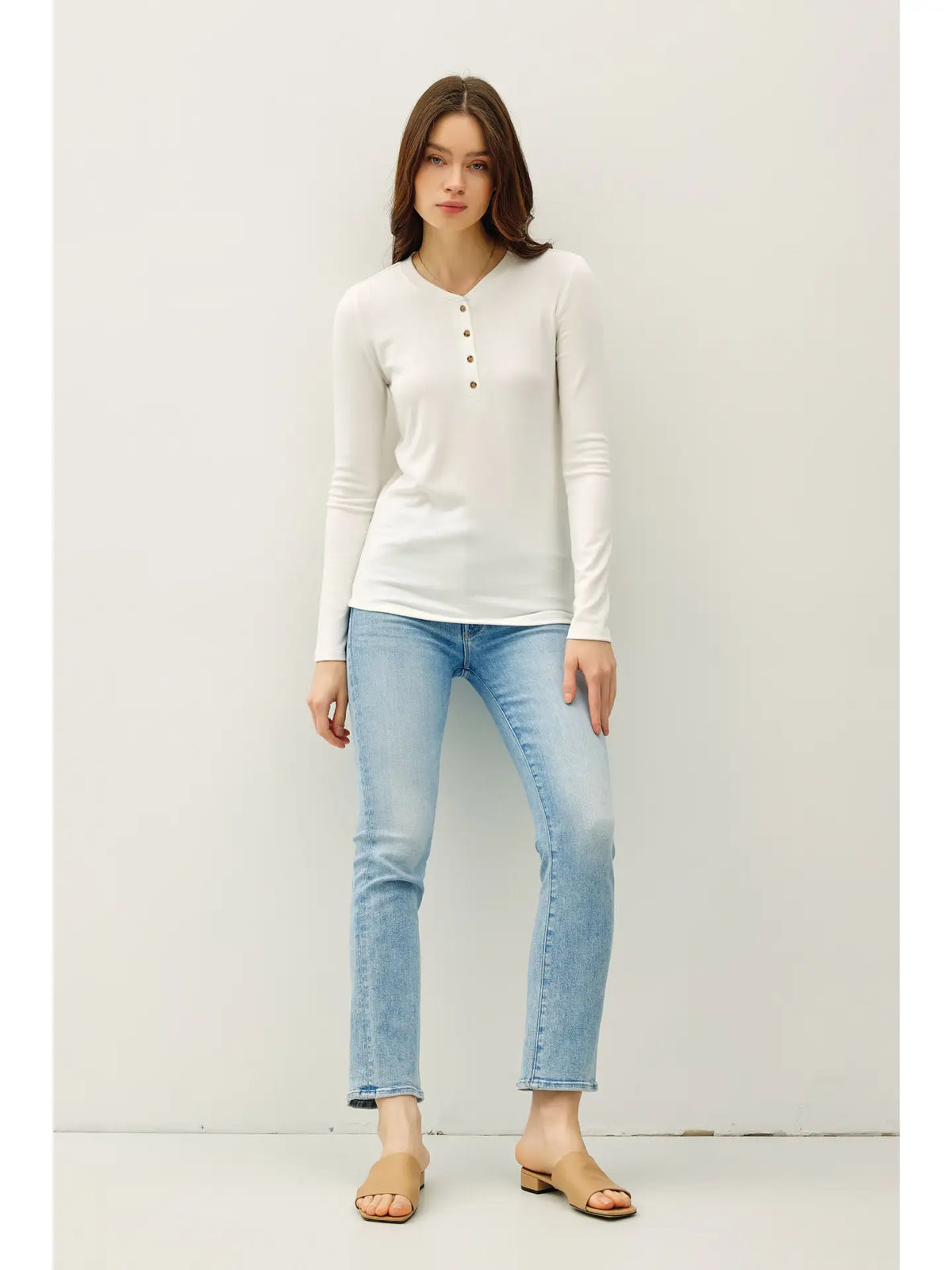 Ultra Soft Basic Longleeve Henley Top- Ivory