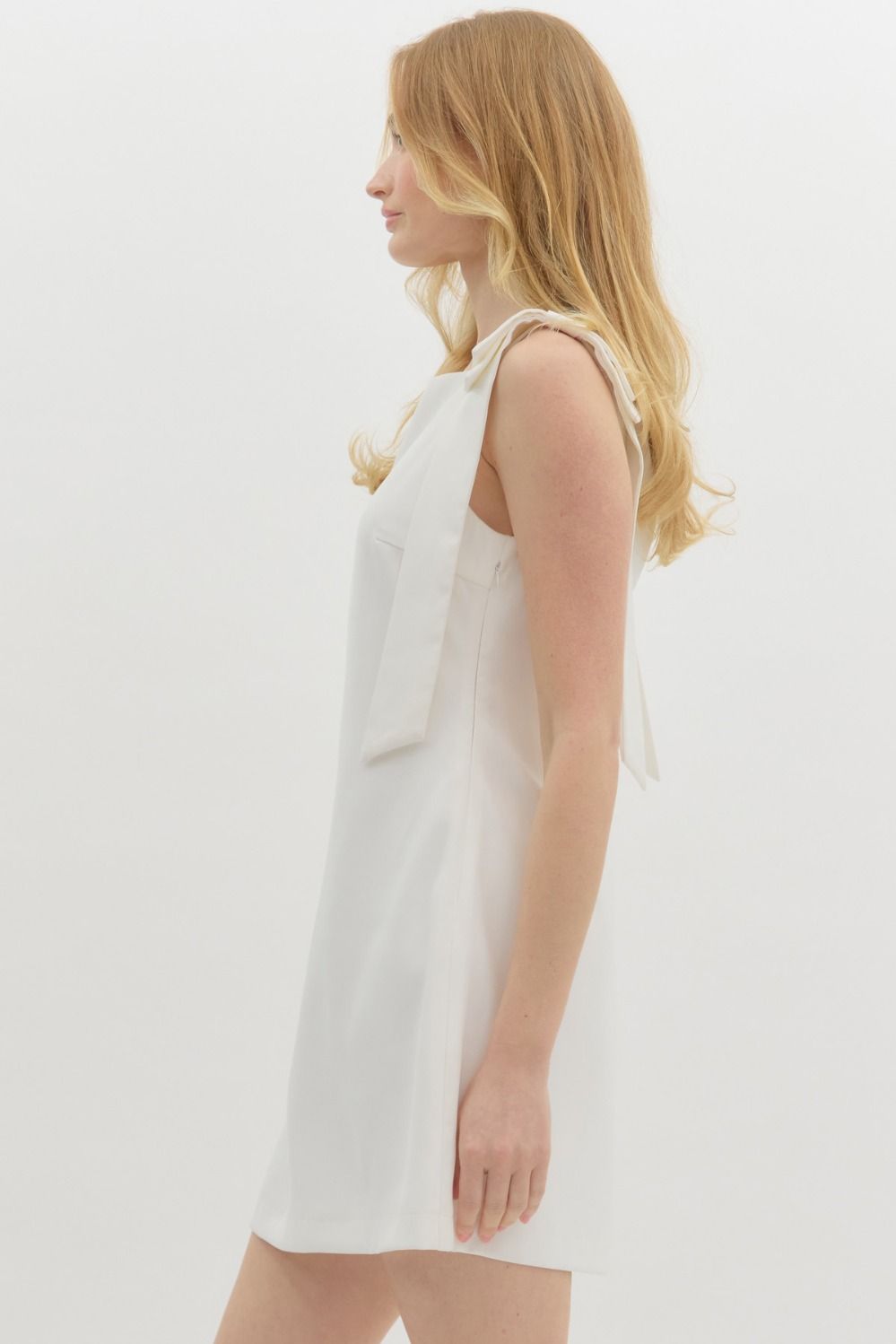 Celia Straight Neckline Mini Dress with Bow Shoulder Tie Accents