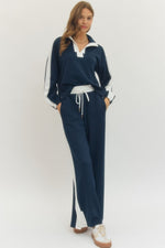 Super Soft Navy Collar Top and Wide Leg Pants SET with Contrast Stripe Detail