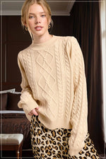 Soft Crew Neck Cable Knit Sweater- Soy Latte