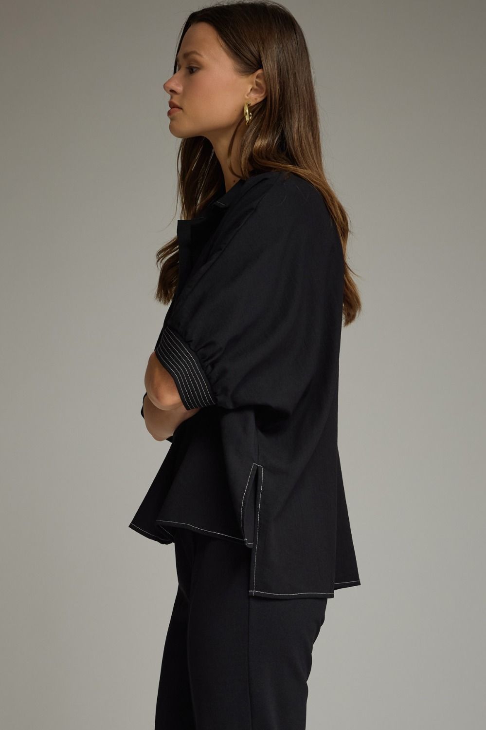 Heidi Black Collared V Neck Top with White Stitching Detail