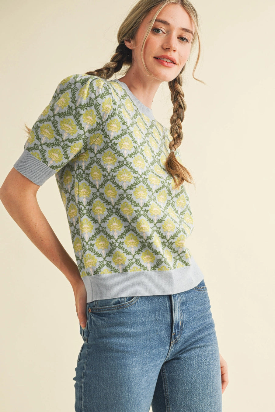 Light Blue/Sage Floral Pattern Short Sleeve Sweater