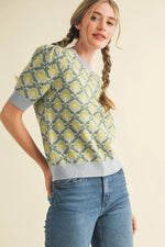 Light Blue/Sage Floral Pattern Short Sleeve Sweater