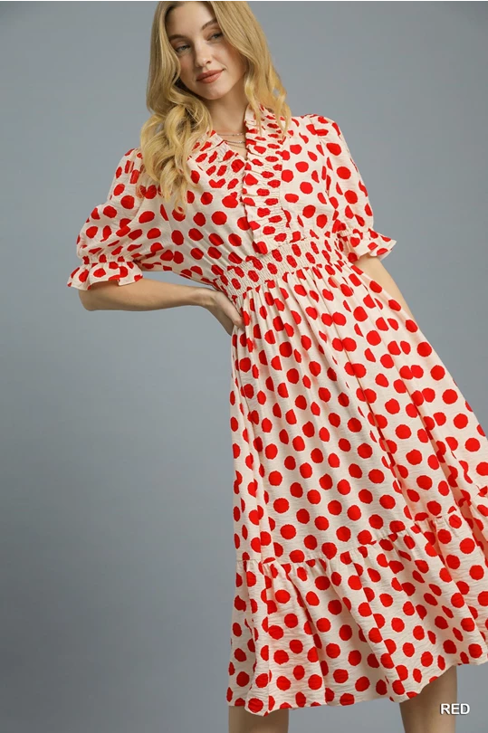 Plaza Red Polka Dot Midi featuring a Smocked Waist and Ruffle V Neck