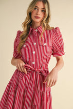Venice Red Striped Button Down Midi Dress with Tie Waist
