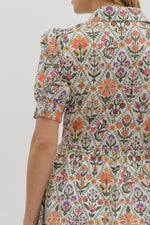 Olive Diamond Pattern Floral Print Midi Dress with Front Button Closure and Adjustable Tie Waist