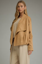 Evelyn Soft Suede Draped Lapel Jacket- Camel