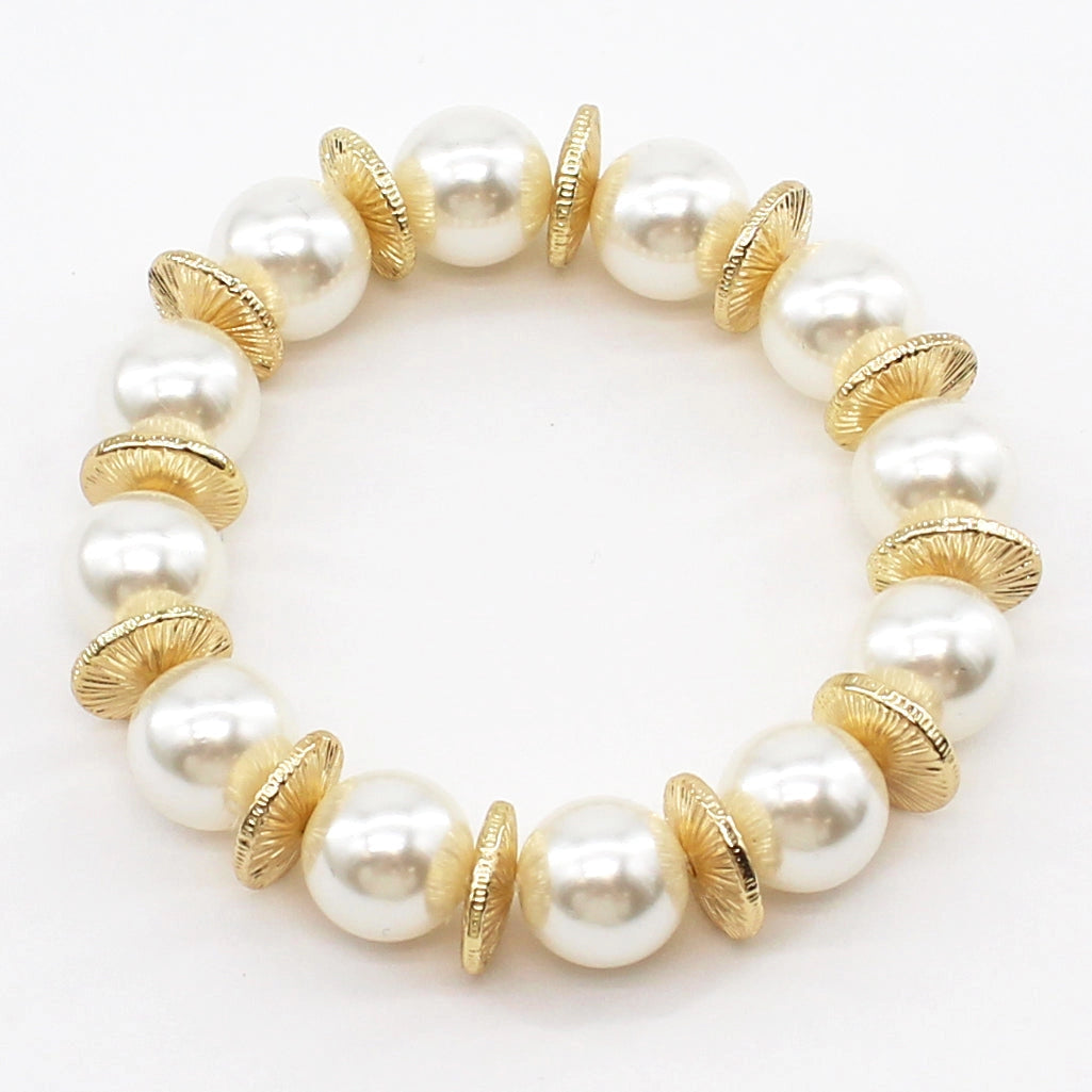 PEARL BEADED WITH GOLD FLAT BEADED STRETCH BRACELET