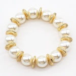 PEARL BEADED WITH GOLD FLAT BEADED STRETCH BRACELET
