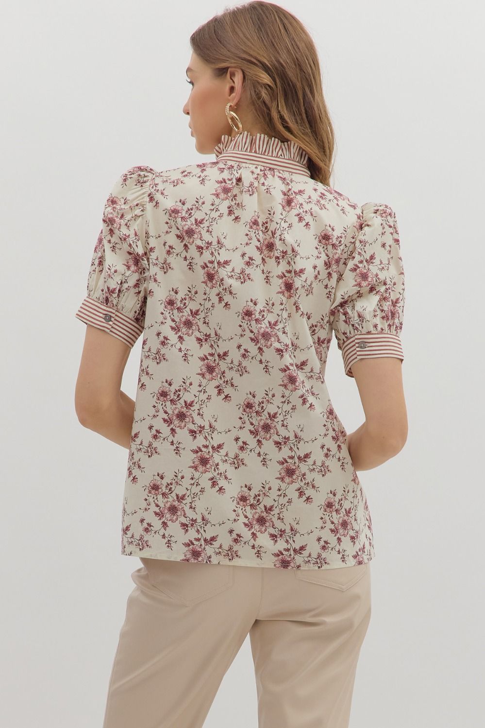 MAROON FLORAL BUTTON DOWN W/ STRIPE COLLAR DETAIL