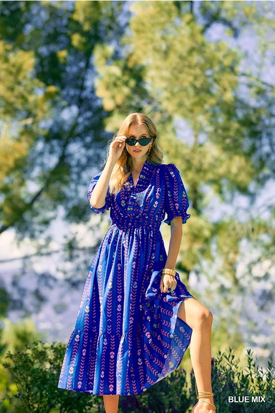 Iris Floral Ruffle V Neck Midi