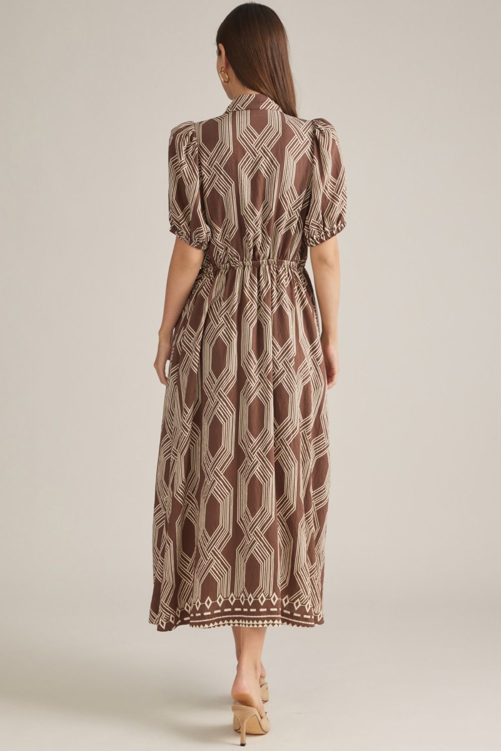 Reese Printed Puff Sleeve Midi Dress - Coffee