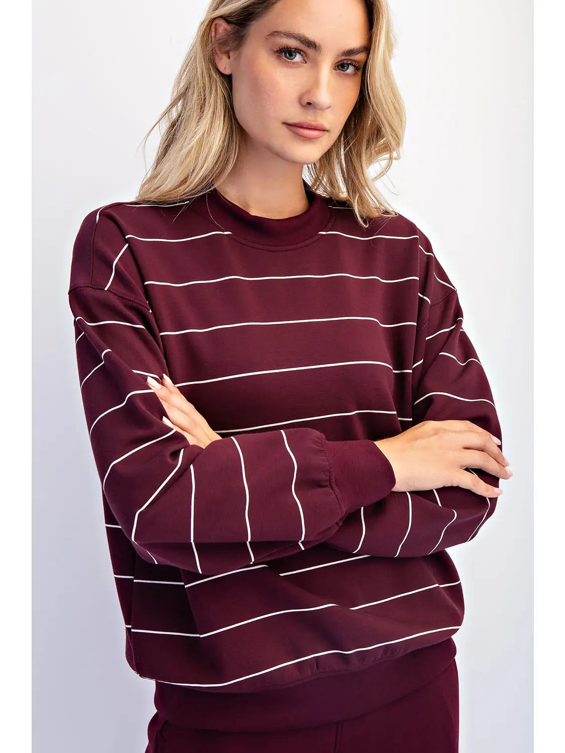 Rae Mode Butter Soft Stripe Crew Neck Top- Dark Cherry