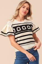 Ruffle Sleeve Crochet Sweater - RUNS SMALL