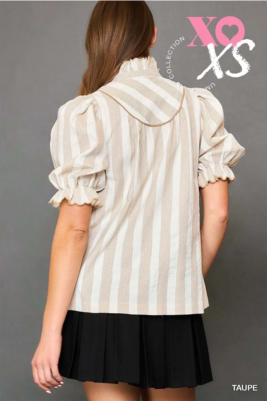 Taupe Stripe Ruffle Collar Top