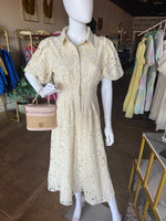 Liz Ecru Crochet Lace Button Front Midi with Pleated Waist by FATE