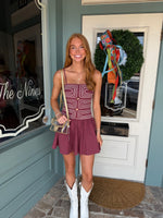 Emiline Cutout Trim Detail Smocked Back Mini Dress- Burgundy/Taupe