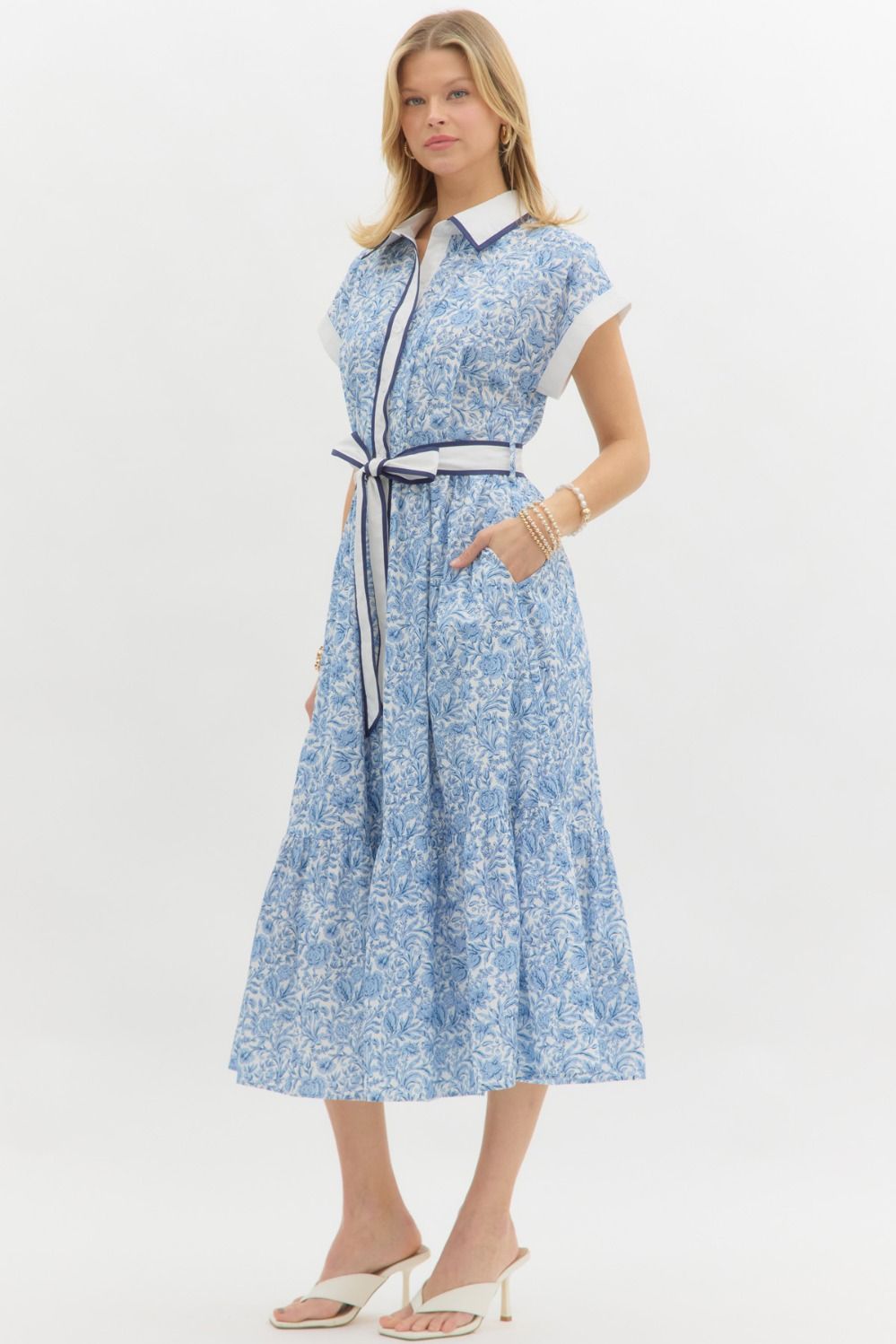 Savannah Floral Midi with Contrast Binding, Tie Waist and Side Pocket