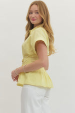 Poppy Button Down Top with Belted Detail at Waist- Lemon