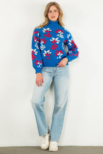 THML Blue and Red Floral Turtleneck Sweater