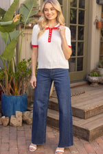 Nina Pearl Accent Button Scalloped Knit Top with Red Contrast