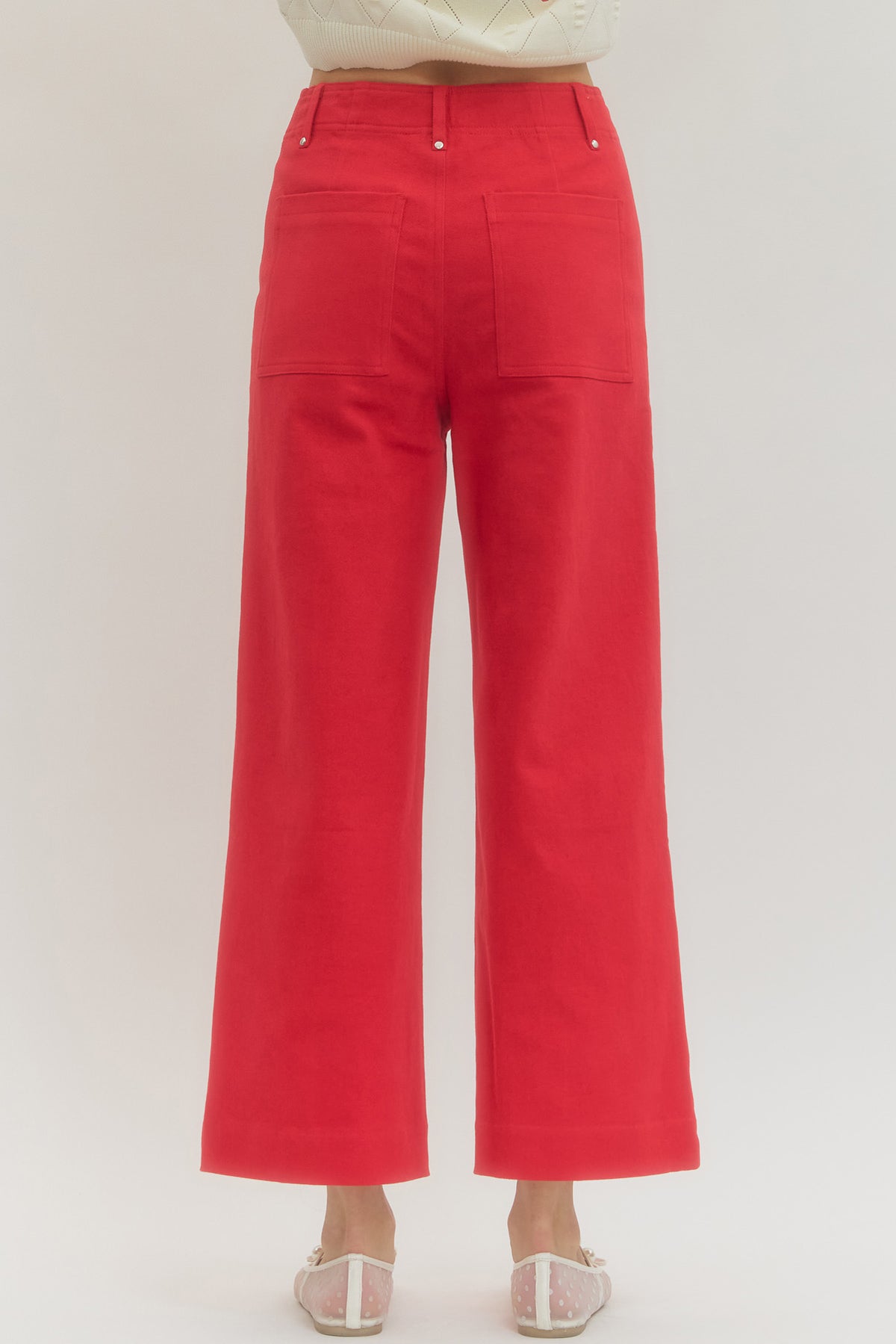 Red High Rise Wide Leg Pants with Front Seam Detail and Back Patch Pockets