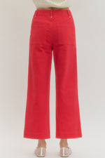 Red High Rise Wide Leg Pants with Front Seam Detail and Back Patch Pockets
